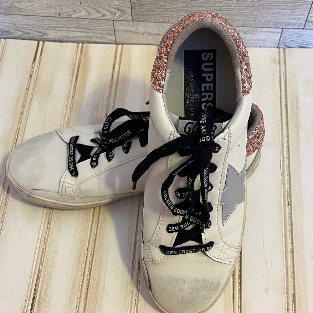 Golden Goose White Sneakers with Silver Star and Rose Gold Glitter Heel
